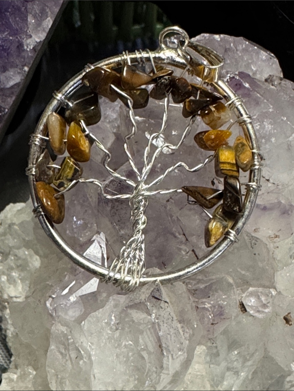 Tiger Eye Tree of Life Pendant Necklace - Brown & Gold